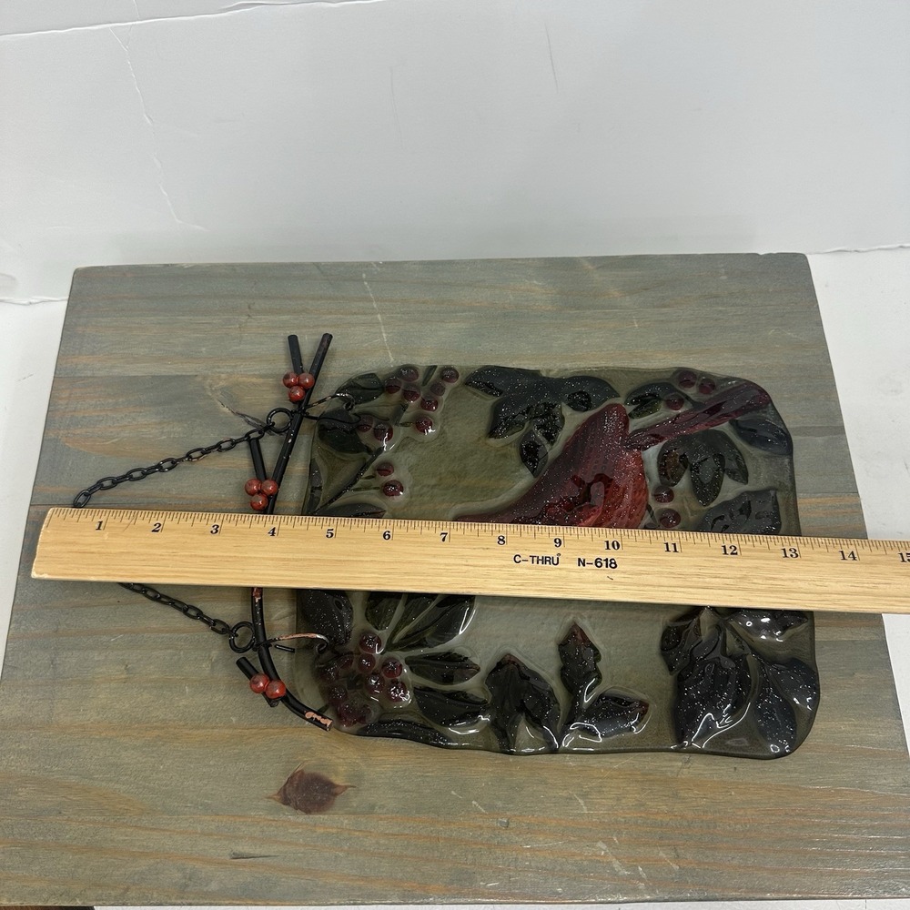 Red Cardinal Artisan Suncatcher Metal Decor Hanger 9" X 7" Holly Branch Glass - Picture 13 of 14